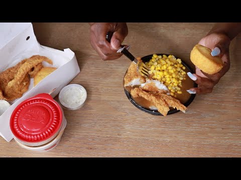 KFC MASH POTATOES AND CORN WITH FRENCHY'S FRIED FISH ASMR EATING SOUNDS