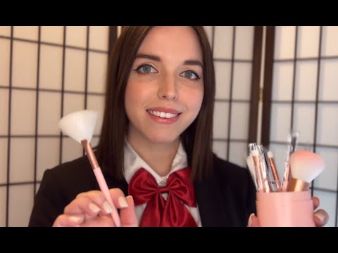 ASMR Makeup Roleplay - School Girl 📚 | Soft Spoken, Personal Attention, Face Brushing, Hair play