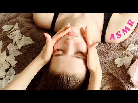 ASMR Face massage, hair play. Spa facial treatment on a real person. Semi inaudible whisper.
