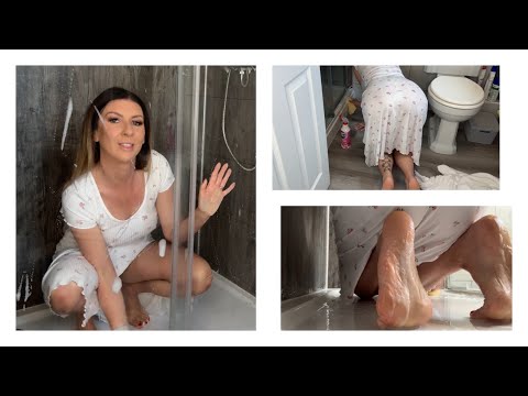 Wet and Soapy Shower Scrub - Housewife Hand Cleans Floors
