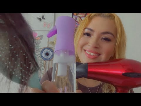 ASMR| Blow drying your hair- hair brushing & spraying sounds- personal attention