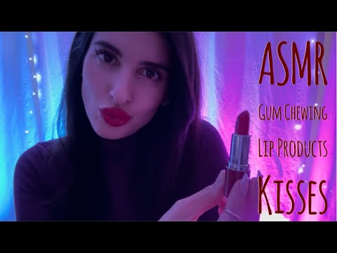 ASMR Gum Chewing and Lip Product Try-On Haul with Kisses 💋 (Whispered) 👄 💄 🫦