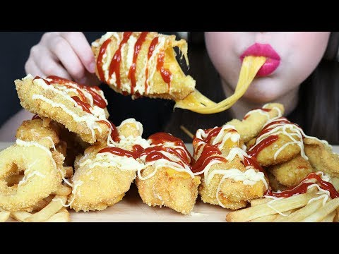 ASMR CHEESE PULL | CORN DOGS, ONION RINGS, FRIED CHICKEN (Crunchy Eating Sounds) No Talking