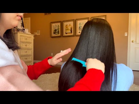 ASMR| Hair Play on My Sister (brushing, combing, oils, sprays)