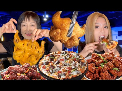EATING WHOLE FRIED CHICKEN FOR THE FIRST TIME! CHEESY STEAK PIZZA & SPICY WINGS