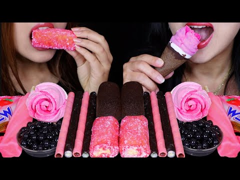 ASMR STRAWBERRY ROSE ICE CREAM CONE, BLUEBERRY POPPING BOBA, ROLL CAKES, CHOCOLATE WAFER ROLLS 먹방