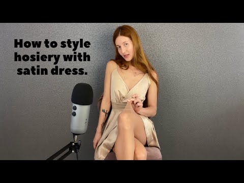 Tan Seamless Pantyhose and Tan Shiny Stockings Try on. How to style Hosiery with Satin dress. ASMR.