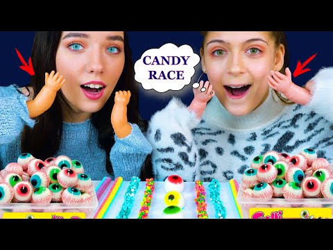 ASMR CANDY RACE WITH DOLL HANDS (CANDY BUTTONS, NERDS ROPE, JELLO CUPS) Eating Sound