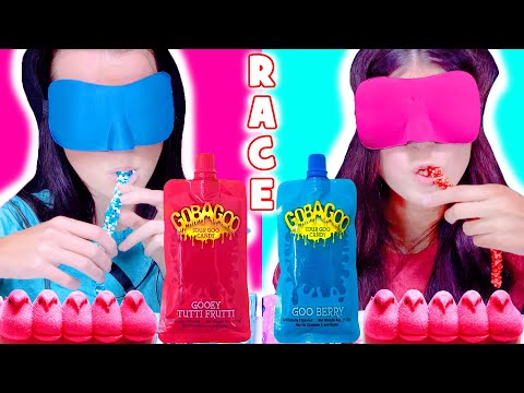 ASMR Candy Race With Closed Eyes With Pink and Blue Candy Mukbang