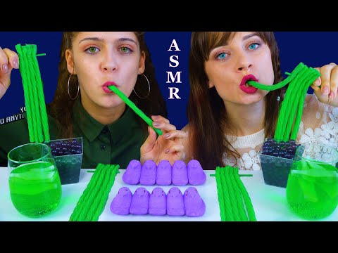 ASMR GREEN AND PURPLE FOOD PARTY NIK-L-NIP WAX BOTTLE, JELLY CUPS, POPPING BOBA 먹방