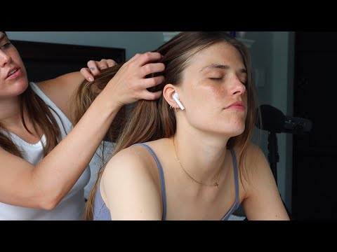 ASMR relaxing back scratching, back tracing, and hair brushing on Katie (soft whispering)