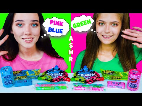 ASMR BLUE, PINK AND GREEN FOOD (JELLY STRAWS, BUBBLE GUM, SQUEEZE PLAY CANDY) MUKBANG