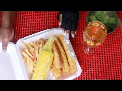 Mayonnaise Dressing Cob Corn Fries Crunchy Fried Fish ASMR Eating sounds