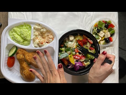 ASMR Mukbang Eating Garden Feta Salad & Fried Southern Chicken Dinner (Whisper)