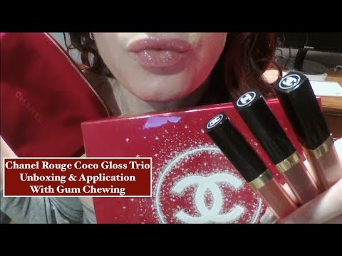 ASMR Chanel Lipgloss Trio Application & Unboxing with Gum & Whispers