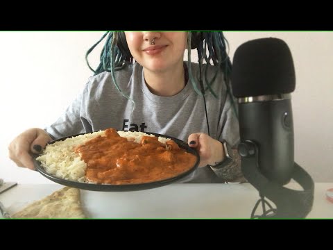 Trying Indian Food ASMR (Butter Chicken, Naan, Rice) 😋🥘