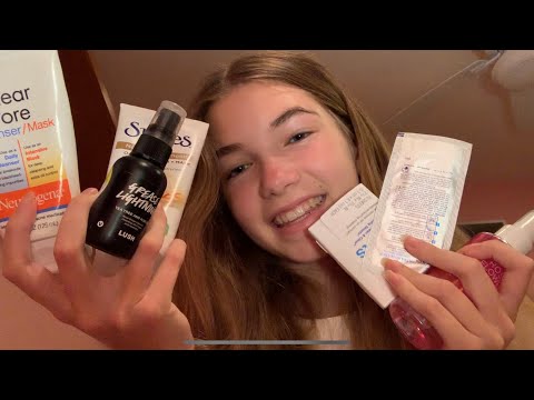 ASMR all my skincare products (lots of whispers, water sounds,& tapping)