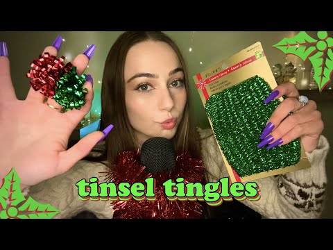 ASMR Tinsel Triggers 🤍🎄 delicate mic triggers, close up whispers, some chatting🎁