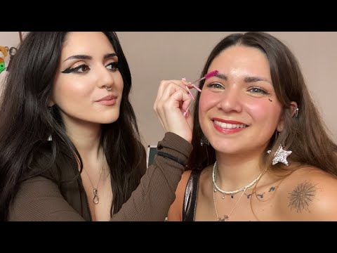 ASMR pampering my friend ~ eyebrow brushing, head massage, applying makeup to help you relax