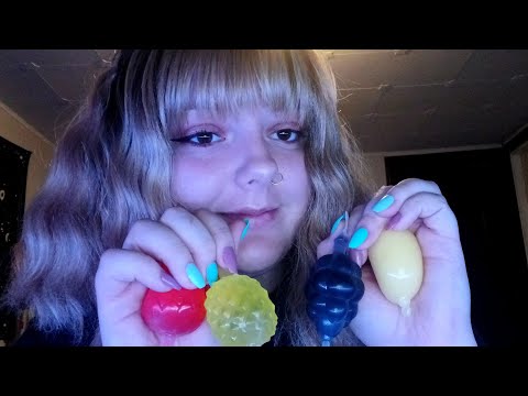 ASMR- Trying Jelly Fruits (mango, strawberry, pineapple, and grape jelly fruit eating)