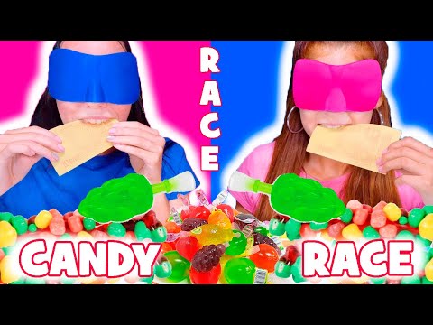 ASMR Candy Race With Closed Eyes | Nerds Rope, Wax Bottle Mukbang