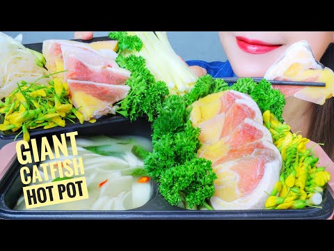 ASMR GIANT CATFISH IN FERMENTED RICE BROTH HOTPOT , EATING SOUNDS | LINH-ASMR