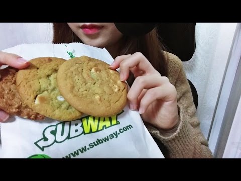 한국어 ASMR: SUBWAY 서브웨이 쿠키 이팅사운드 먹방 cookie eating sounds mukbang cheesecake, White Chocolate クッキー