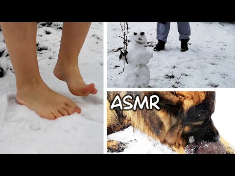 ASMR Playing in the snow with the dog - barefoot and in boots, crackling, lofi, snowman