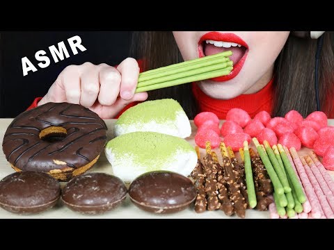 ASMR DONUTS, GREEN TEA MATCHA MOCHI & GLICO POCKY (EATING SOUNDS) No Talking MUKBANG 먹방