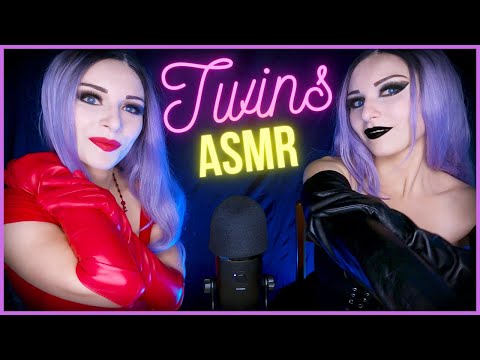ASMR TWINS | LEATHER GLOVES Long Black leather gloves VS Red leather gloves. (No Talking)