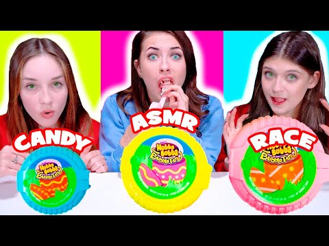 ASMR Candy Race Eating Chocolate Eggs, Candy, Twist and Drink