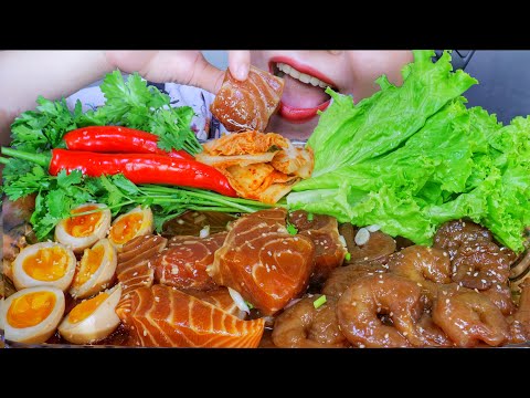 Asmr soy sauce marinated seafood ( raw shrimps , raw salmon ) eating sounds | LINH-ASMR
