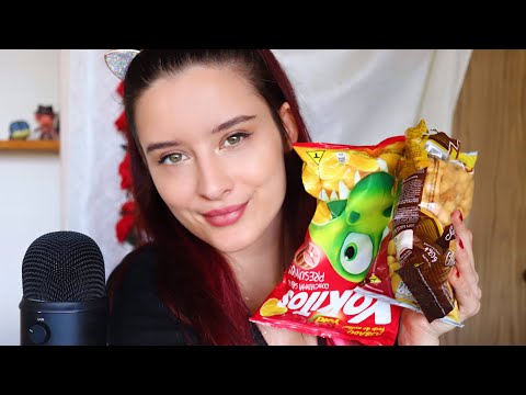 AUZZIE GIRL TRIES BRAZILIAN SNACKS! ASMR ( eating sounds, crinkles , tapping, box sounds)
