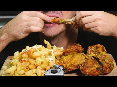 ASMR 1 WHOLE FRIED CHICKEN + FRIES w/ Sriracha (Crunchy Eating Sounds) No Talking | Nomnomsammieboy