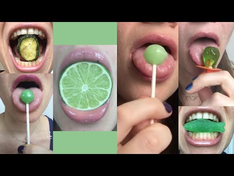 ASMR all things green 💚💚 satisfying sunny mouth sounds chewing licking lollipops tongue