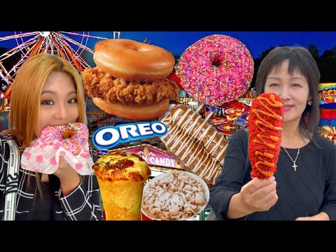 EATING FAIR FOODS FOR A FULL DAY! OREO BROWNIE WAFFLE, FLAMIN HOT CHEESE DOG, FRIED CHICKEN DONUT