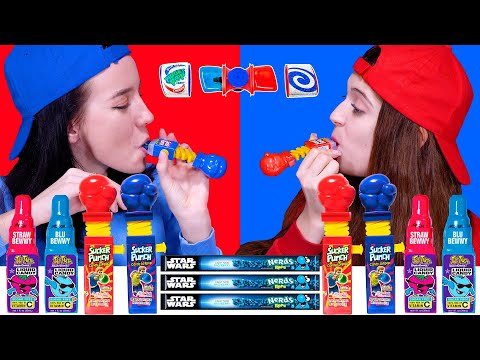 ASMR Red Food VS Blue Food, Ufo Wafers, Sour Roller Ball, Squeeze Candy | Mukbang 먹방