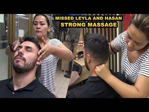 ASMR 'LADY LEYLA' STRONG MASSAGE & Hasan hard head, face, eyebrow, ear, neck, back, elbow massage