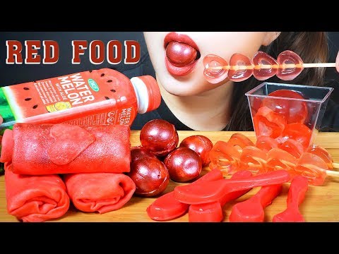 ASMR RED FOOD | EDIBLE TOWEL CREPES ROLL CAKE ,GLITTER GUMMY BALL ,JELLY , EDIBLE CHOCOLATE SPOON