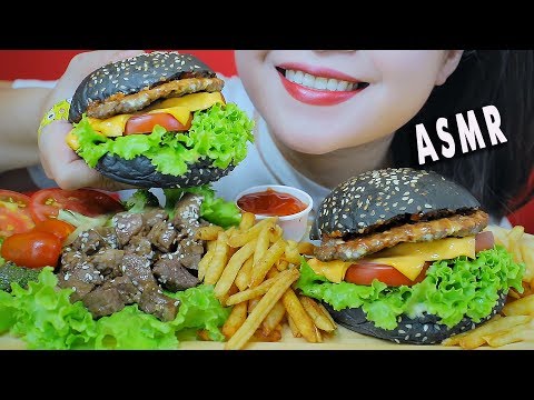 ASMR BLACK BEEF HAMBURGER AND KOREAN BEEF STEAK , CHEWY EATING SOUNDS | LINH-ASMR