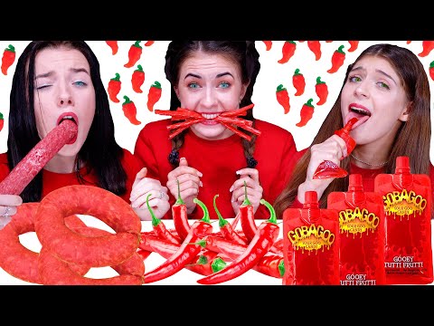 ASMR Eating Only One Color Food for 24 hours Challenge! Red Food By LiLiBu