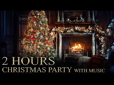Christmas Party Ambience 🎄 4K UHD Virtual Fireplace + Music, Muffled Party Chat & Crackling Fire