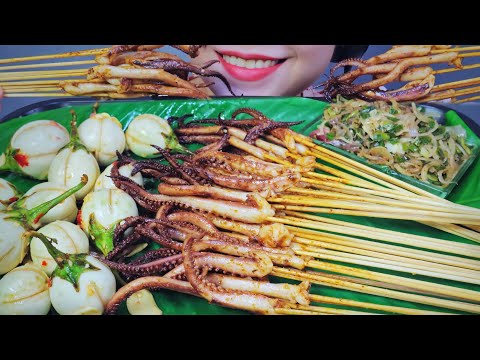 ASMR SPICY THAI GRILLED SQUID TENTACLES , EATING SOUNDS | LINH-ASMR