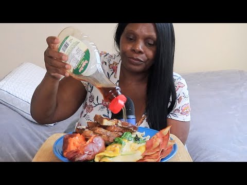 FRENCH TOAST HONEY SWEET POTAT SMOKE CHEESE EGGS VEGGIE BACON ASMR EATING SOUNDS CHIT CHAT