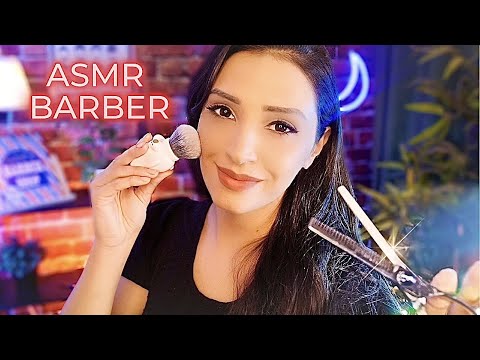 ASMR Barber Roleplay | HOT FOAM SHAVE | Receptionist Check In, Hair Washing, Haircut, Layered Sounds