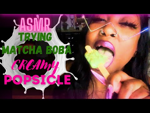 ASMR Trying Creamy Matcha Boba Popsicle | Lots Mouth Sounds and Tasting Crinkling