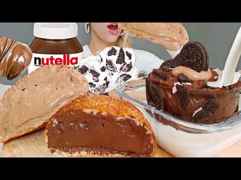 ASMR NUTELLA CHOCO CAKE & MILK, FRESH CREAM BREAD, GANASH BREAD, OREO CREAM BREAD | MUKBANG