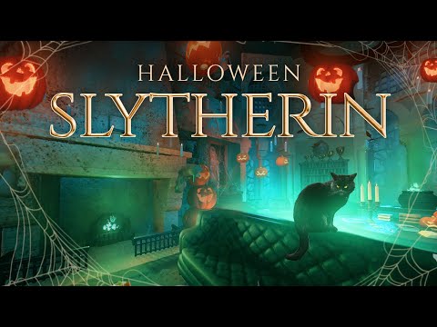 Slytherin Halloween Night 🎃✨💀 Ambience & Soft Music | Thunderstorm & Fireplace | Hogwarts Inspired