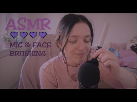 ASMR Unintelligible Whispering + Face & Microphone Brushing 💜 ( Big Fluffy Brush and  Spoolie )