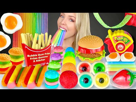ASMR Gummy Candy, Sour Strips Gummy Roll, Mini Hotdog, Rainbow Jelly Glass Noodles, Mukbang 먹방